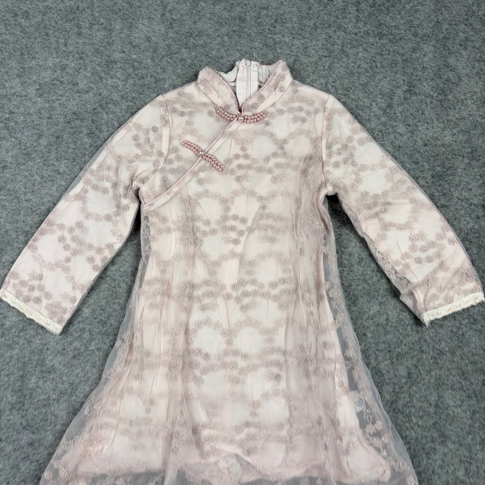 Unbranded Cheongsam Qipao Dress Girls Pink Lace Sheer Floral Frog Closure 100 - Picture 3 of 11
